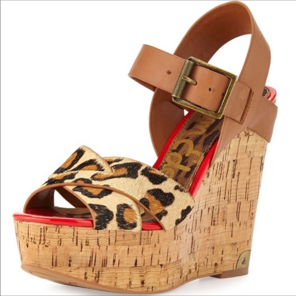 Sam Edelman Leopard Print Cork Platform Wedges with Tan Leather Straps